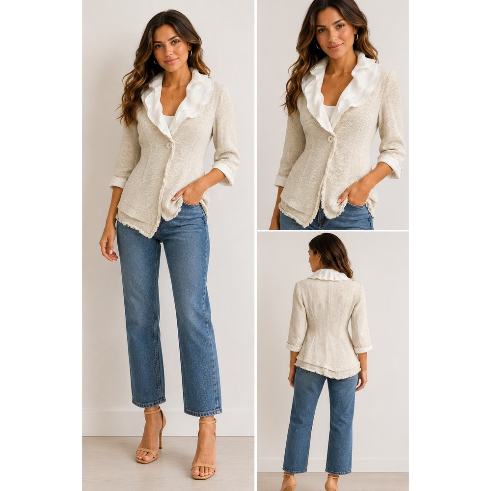 Soft Surroundings Linen Jacket L‎ Waterfall Ruffle Collar Lagenlook Romantic